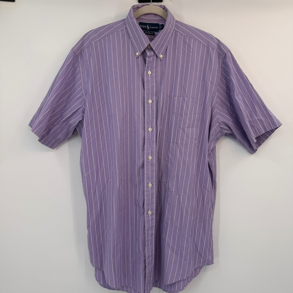 Ralph Lauren Men Classic Fit Purple White Striped Short Sleeve Button Down Large
